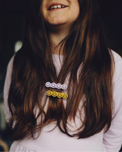Load image into Gallery viewer, @valentineraeman Hi! I&#39;m PEPPER, a yellow smiley clip.  Hold back bangs, clip back hair, or simply use for stylistic purposes by adding some flair to your hair. Mix-and-match, and layer these hair clips or wear on their own for a soft, seasonal look.