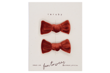 Load image into Gallery viewer, Hi! I&#39;m LOUELLE, a set of orange velvet candy bows.  Clip those little hairs back in style with this set of velvet candy bows. It features alligator clip backings for easy placement in any fun hairstyle. 