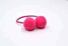 Load image into Gallery viewer, Hi! I&#39;m BRUNA, a bright pink elastic hair ties set.  Be on trend with this set of pom hair ties! This 2 pack of hair ties comes in bright pink. 