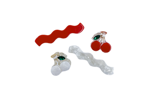 Hi! I'm a SUKI and MANEL set  (1 x Suki wave, 1 x Suki cherry, 1 x Manel wave, 1 x Manel cherry)  Hold back bangs, clip back hair, or simply use for stylistic purposes by adding some flair to your hair. Mix-and-match, and layer these hair clips or wear on their own for a soft, seasonal look.