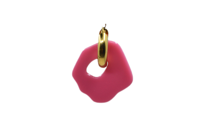 Hi! I'm MARIE, one pink gold earring.  Dare to be bold with our new collection of plant-based acetate earrings. They come with a gold-colored round hoop. With only 7 grams these earrings aren't heavy and you can wear them all day. Designed for teens and adults. Just pick one that is the most 