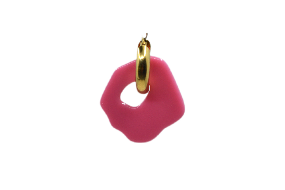 Hi! I'm MARIE, one pink gold earring.  Dare to be bold with our new collection of plant-based acetate earrings. They come with a gold-colored round hoop. With only 7 grams these earrings aren't heavy and you can wear them all day. Designed for teens and adults. Just pick one that is the most 