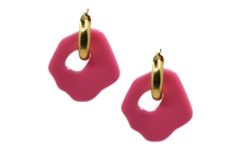 Load image into Gallery viewer, Hi! I&#39;m MARIE, a pair of pink gold earrings.  They come with a gold-colored round hoop. With only 7 grams these earrings aren&#39;t heavy and you can wear them all day. Designed for teens and adults. Pick a pair that is the most “you” and make a statement!