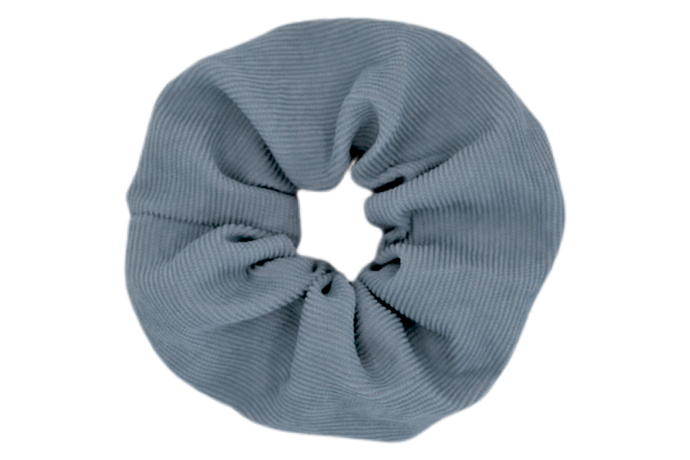 Hi! I'm MARILOU, a big light blue corduroy scrunchie.  It draws attention without stealing the spotlight, and ties itself up in many ways.