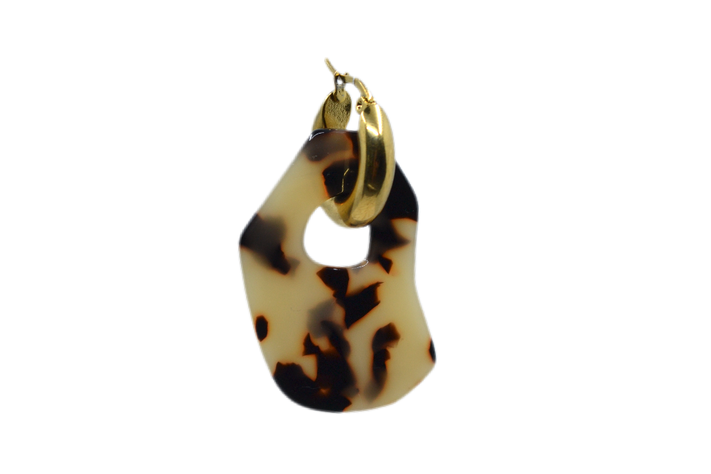 Hi! I'm MAY, one flamed gold earring.  Dare to be bold with our new collection of plant-based acetate earrings. They come with a gold-colored round hoop. With only 9 grams these earrings aren't heavy and you can wear them all day. Designed for teens and adults. Just pick one that is the most 