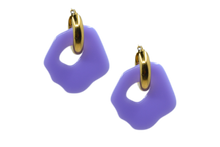 Load image into Gallery viewer, Hi! I&#39;m SUZE, a pair of purlple gold earrings.  They come with a gold-colored round hoop. With only 7 grams these earrings aren&#39;t heavy and you can wear them all day. Designed for teens and adults. Pick a pair that is the most “you” and make a statement!