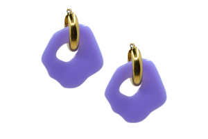 Hi! I'm SUZE, a pair of purlple gold earrings.  They come with a gold-colored round hoop. With only 7 grams these earrings aren't heavy and you can wear them all day. Designed for teens and adults. Pick a pair that is the most “you” and make a statement!