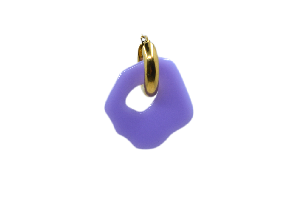 Hi! I'm SUZE, one purple gold earring.  Dare to be bold with our new collection of plant-based acetate earrings. They come with a gold-colored round hoop. With only 7 grams these earrings aren't heavy and you can wear them all day. Designed for teens and adults. Just pick one that is the most 