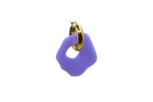 Load image into Gallery viewer, Hi! I&#39;m SUZE, a pair of purlple gold earrings.  They come with a gold-colored round hoop. With only 7 grams these earrings aren&#39;t heavy and you can wear them all day. Designed for teens and adults. Pick a pair that is the most “you” and make a statement!